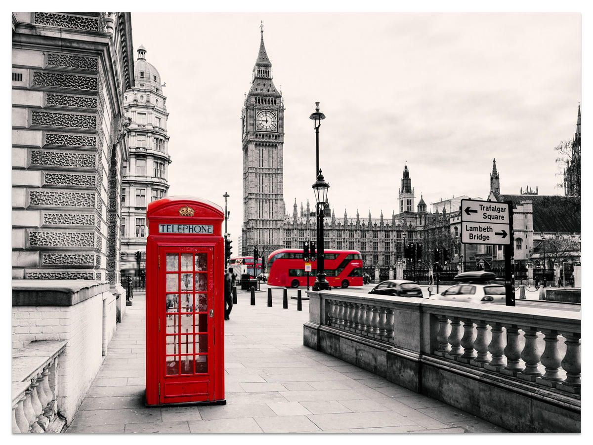 FOTOTAPETE für Wohnzimmer Rote Telefonzelle London BIG BEN Bus 400x280 - Beige/Rot, Papier (400/280cm) - Muralo