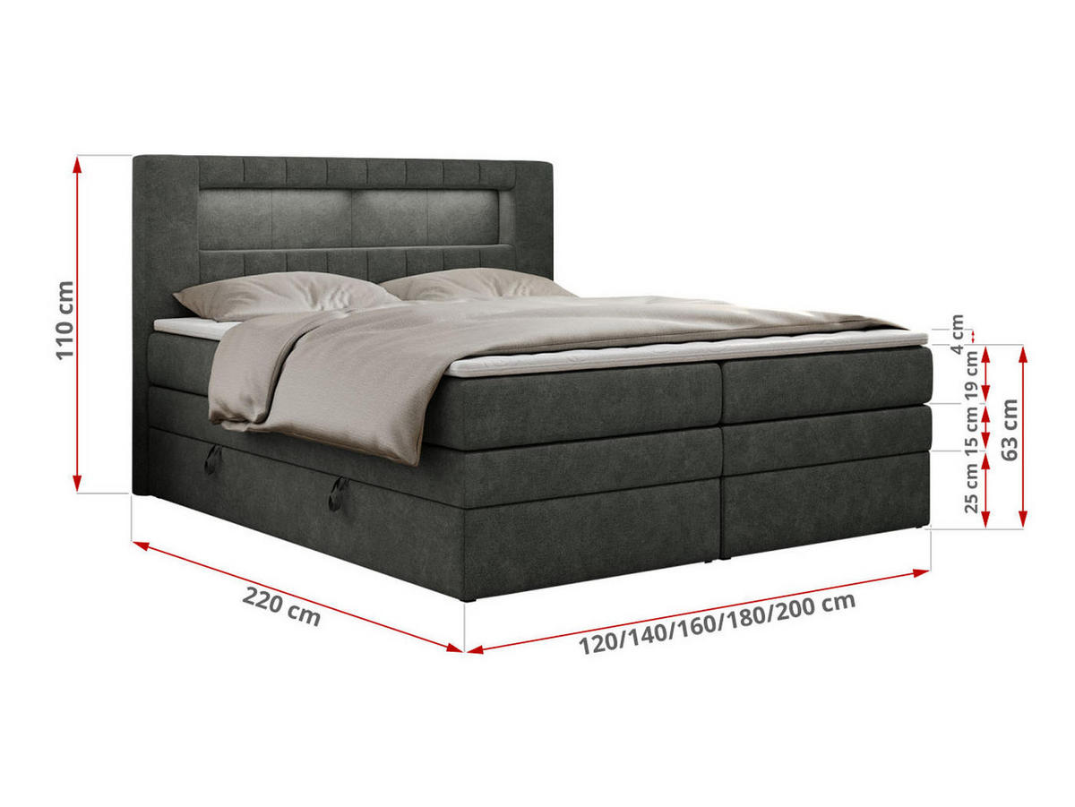 BOXSPRINGBETT GOLD-5 KING LED 160/200 Dunkelgrau Struktur - H3 - Dunkelgrau, Holz/Textil (160/200cm) - MKS