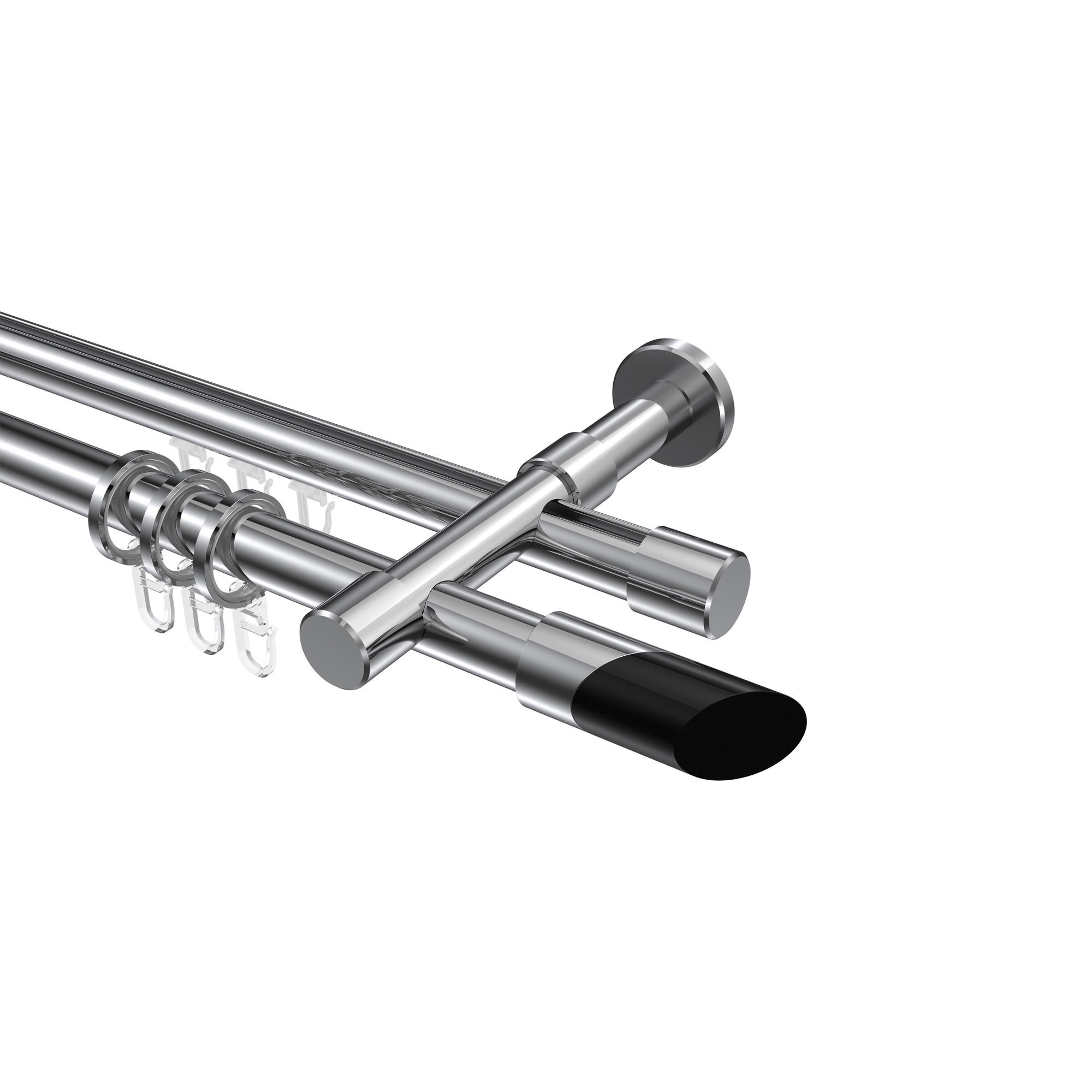 RUNDROHR-INNENLAUF-GARDINENSTANGEN-SET Prestige Verano 280 cm (geteilt in 2 x 140 cm), 2-läufig, 20 mm Ø Chrom - Chromfarben/Schwarz, Metall (280cm) - INTERDECO
