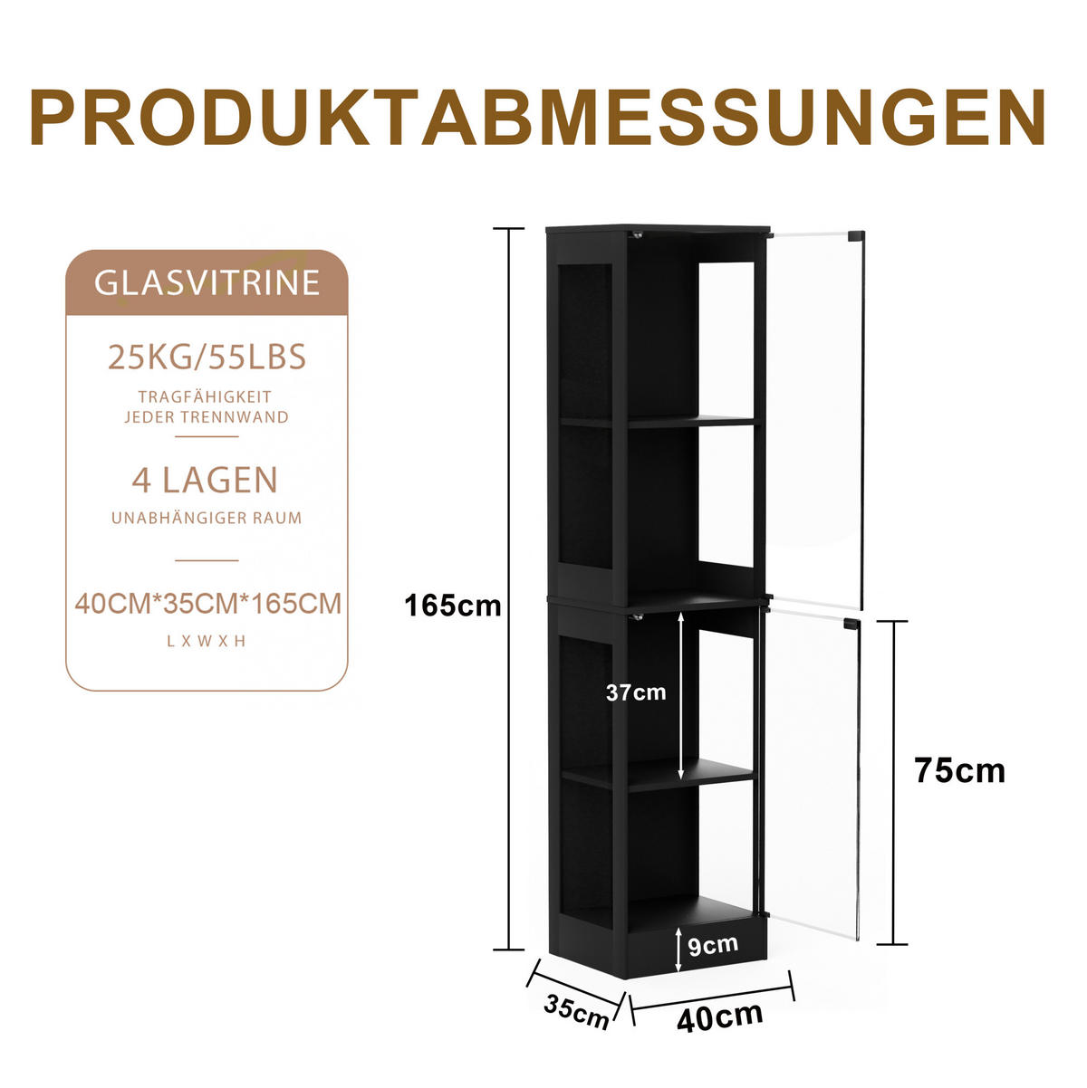 VITRINE 40/35/165 cm in Akaziefarben mit Glastüren und LED-Beleuchtung - Naturfarben, Kunststoff (40/165/35cm) - Flora Grace