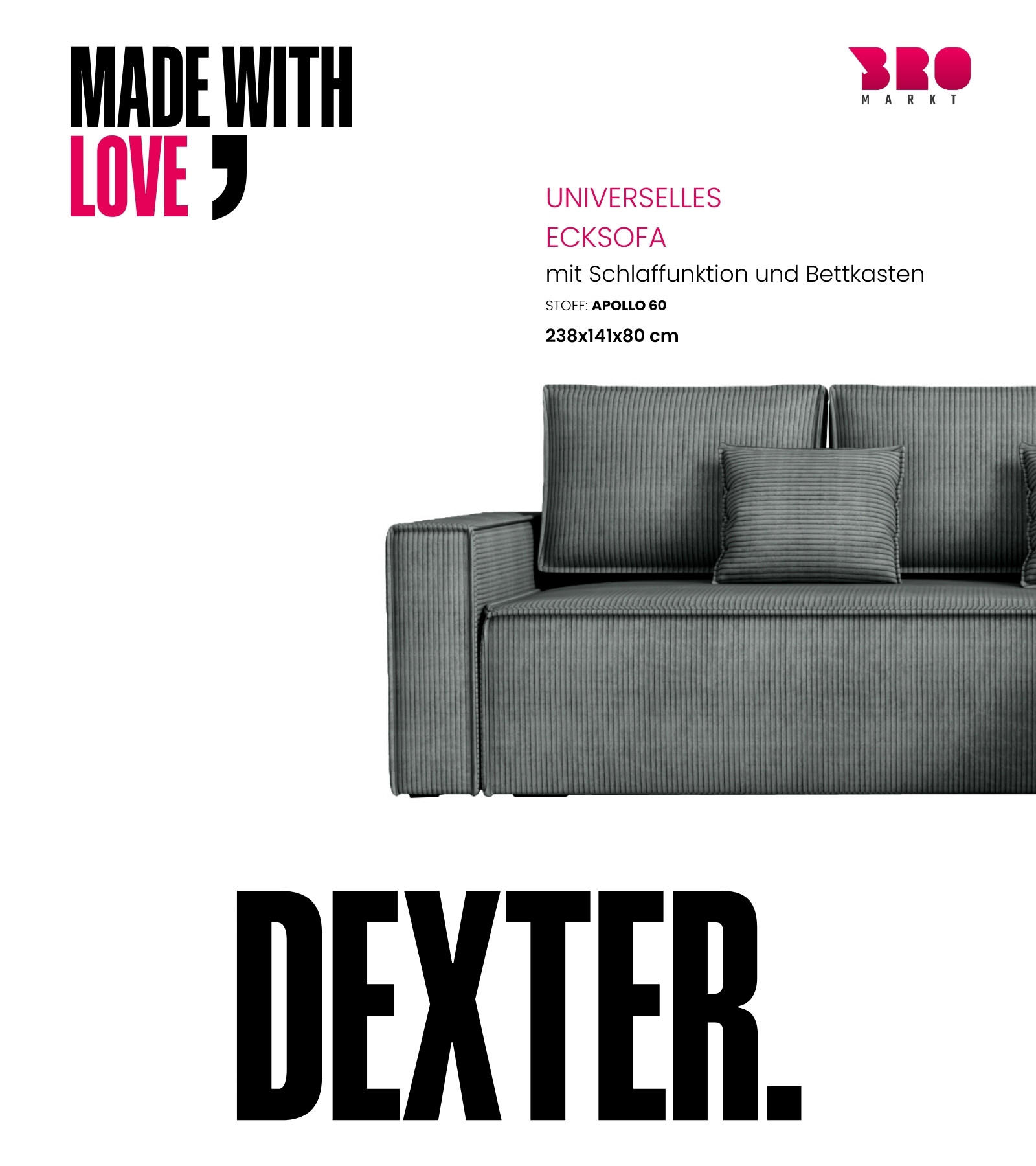 ECKSOFA Dexter mit Schlaffunktion Grau Cord - Grau, Textil (238/141cm) - Bromarkt