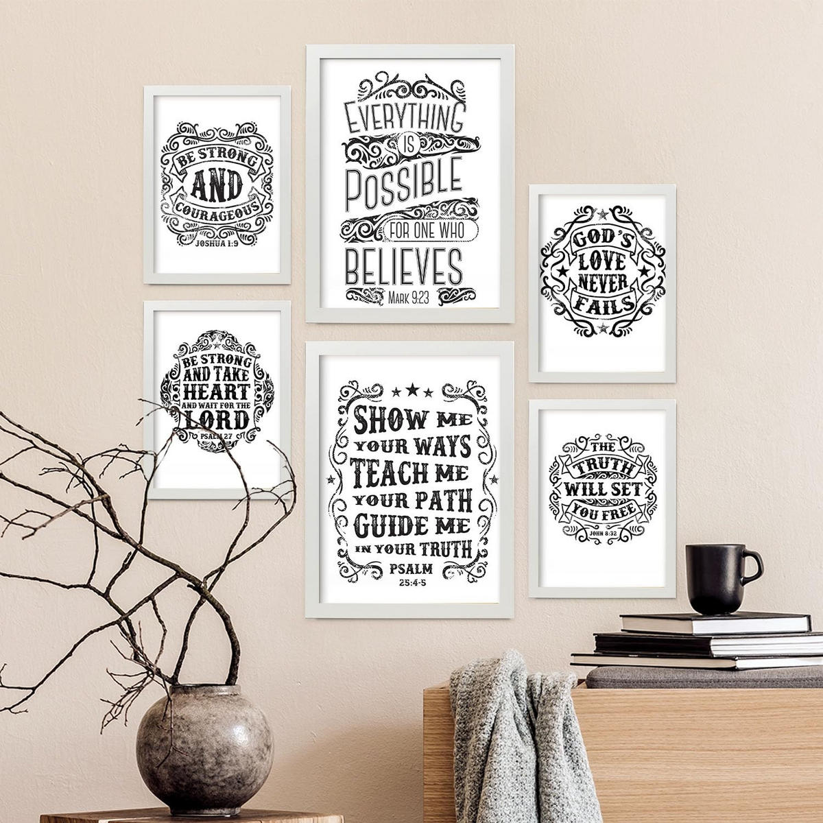 POSTER Set Mit 6 Biblisch In Rustikale Zitate A3 & A4 Weißer Rahmen - Weiß, Papier (29/3cm) - Nacnic