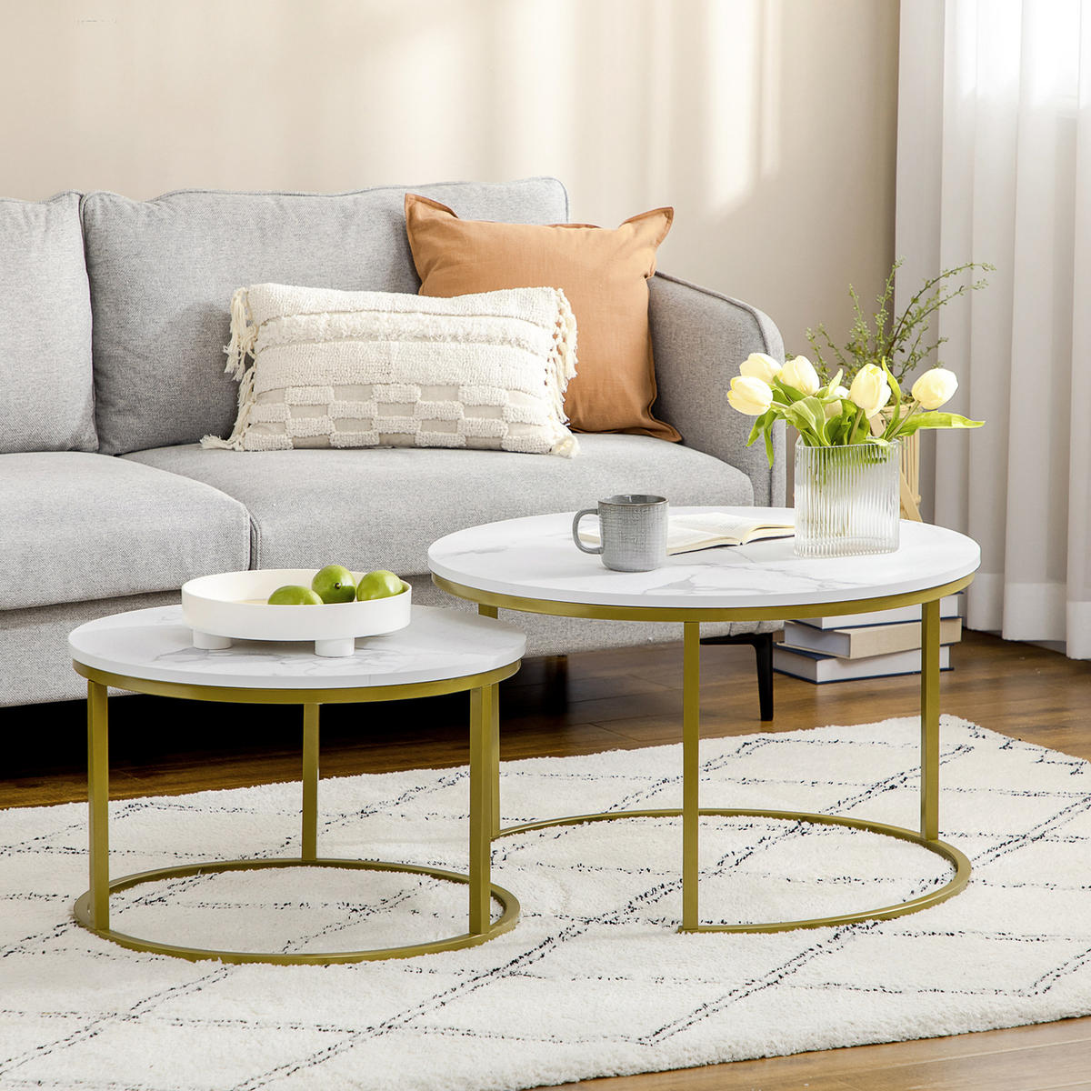 COUCHTISCH-SET Ø74/46,3 cm weiß mit stapelbarer 2er-Kombination aus Stahl und Spanholz - Weiß, Metall (74/74/46.3cm) - OKWISH