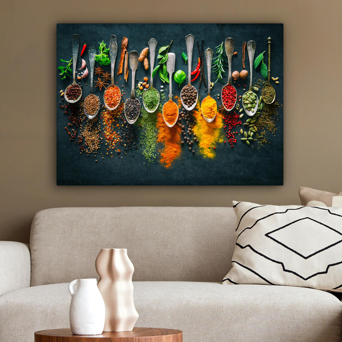 LEINWANDBILD Kräuter - Gewürze - Löffel Wandbilder 80x60 cm - Currygelb, Textil (80/60cm) - MuchoWow