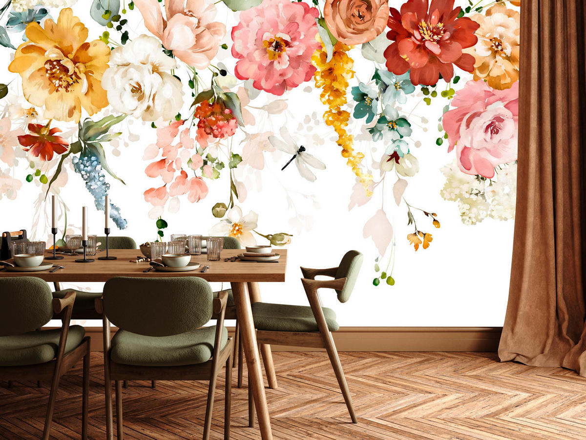 FOTOTAPETE für Schlafzimmer Aquarell Bunte Blumen Ranken Blätter 400x280 - Gelb/Rot, Papier (400/280cm) - Muralo