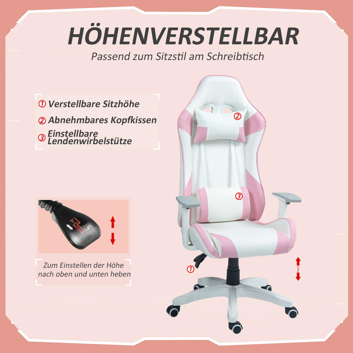 GAMING Stuhl, 3D Armlehne, Rosa - Rosa, Leder (60/128/67cm) - HOMCOM