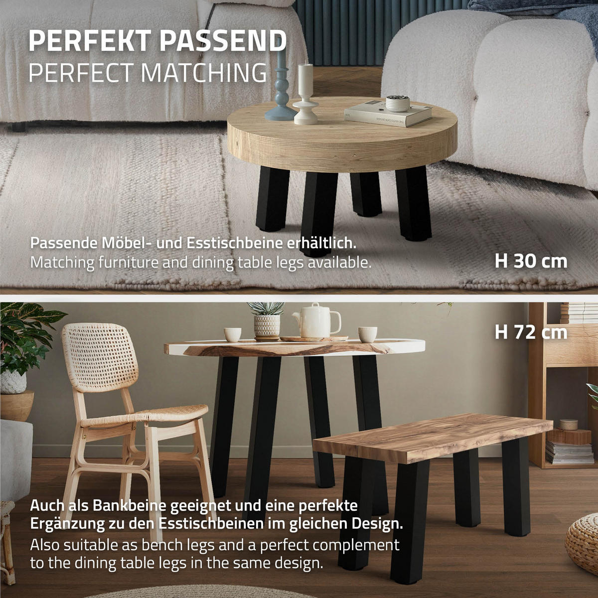 TISCHBEINE 4er Set I-96GRAD-Design H:42 cm Schwarz 8x8 cm - Schwarz, Metall (8/42/8cm) - ML-DESIGN