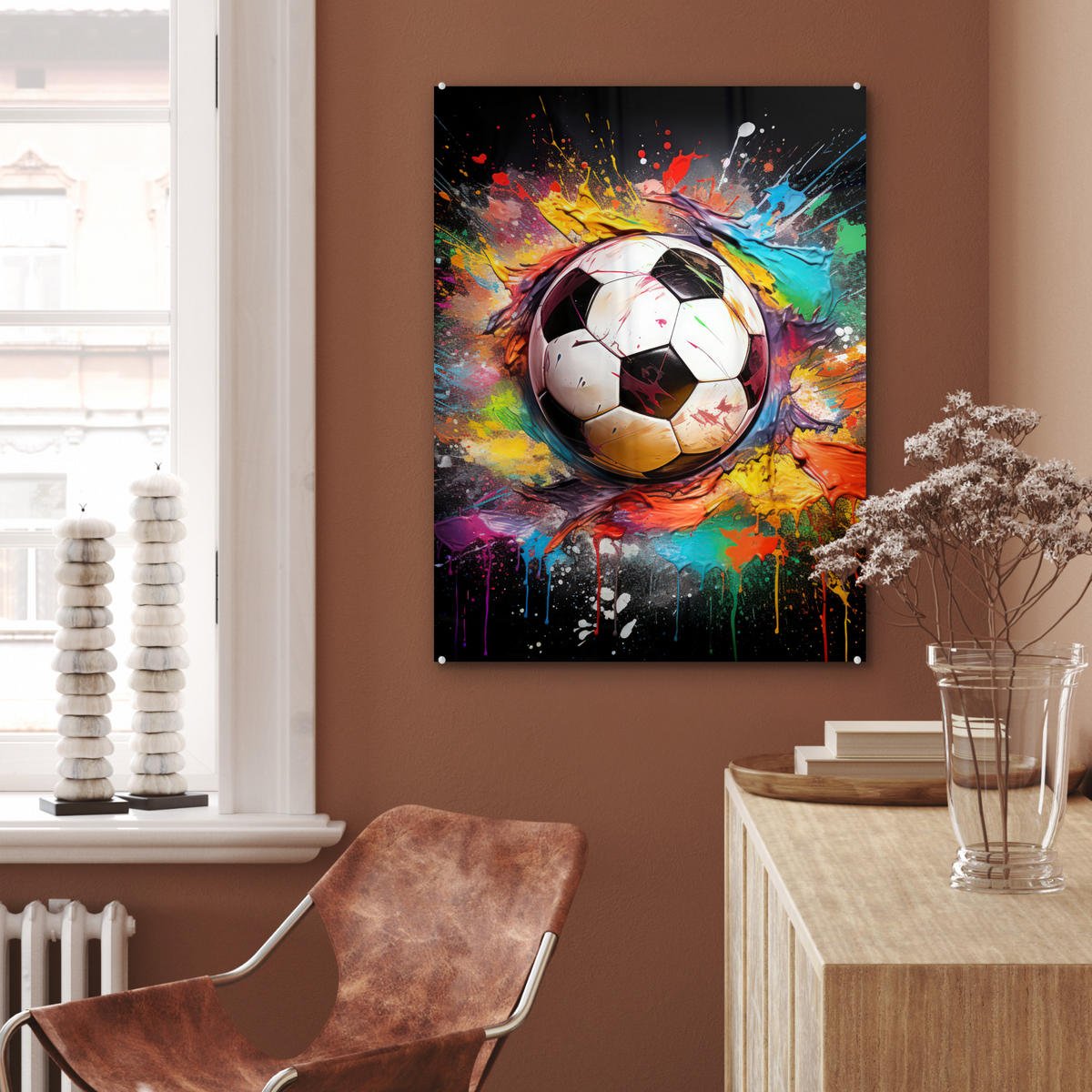 ACRYLGLASBILD Fußball - Farbe - Farben - Schwarz - Weiß 60x80 cm - Weiß, Glas (60/80cm) - MuchoWow