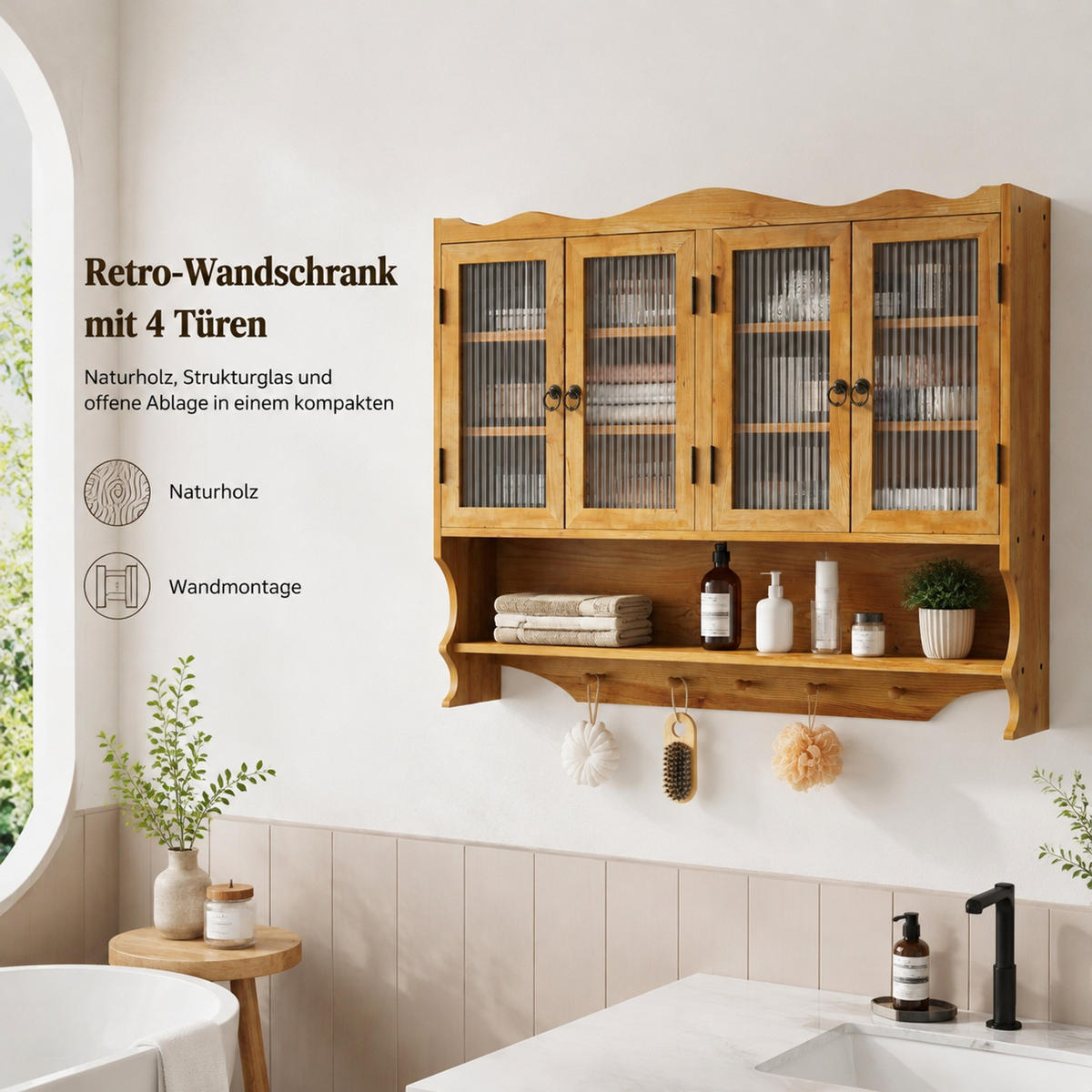 KÜCHENOBERSCHRANK 100/20/80 cm aus Massivholz und Glas mit 4 Türen und Hakenleiste Natur - Naturfarben, Holz (100/80/20cm) - Modenvie