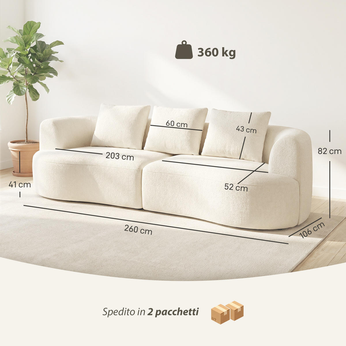 SOFA, 3-Sitzer, Chenille, cremefarben, 3 Kissen, 260x106x82cm - Multicolor, Holzwerkstoff (260/82/106cm) - FORIOUS