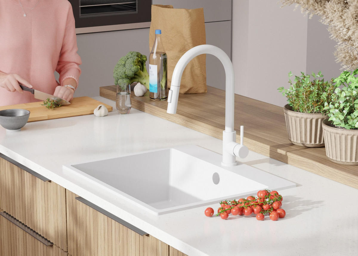 GRANITSPÜLE Riga, 2-er set Weiß 58/50 cm 1 Becken + Küchenarmatur 32/20 cm + Ablauf-Set ab 60er Unterschrank - Chromfarben/Weiß, Kunststoff (58/20/50cm) - Primagran