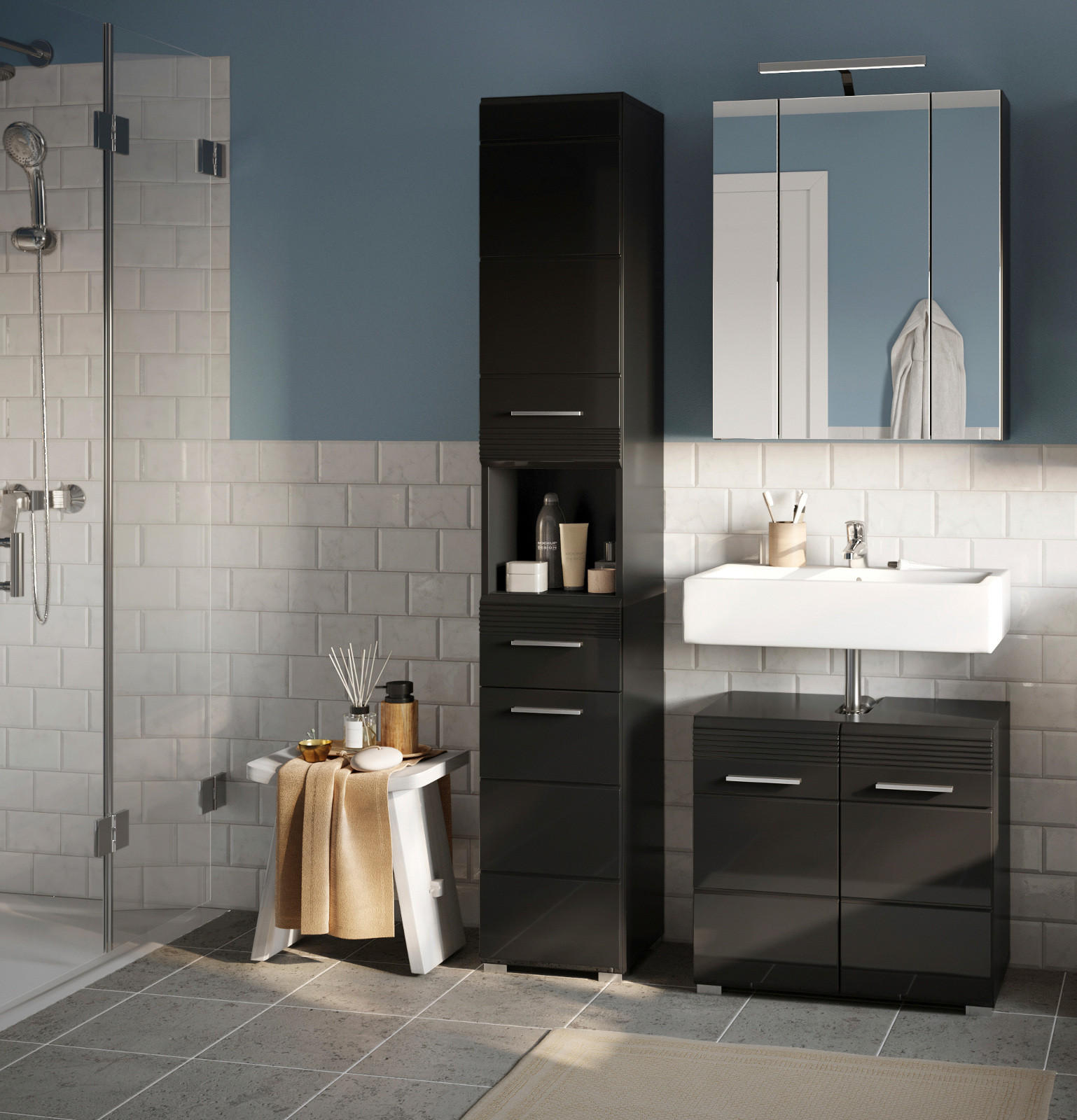 BADMÖBEL-SET in schwarz Hochglanz, 3-teilig 105 cm, Badkombination - Schwarz, Glas/Holzwerkstoff (105/182/34cm) - Inn.Furn