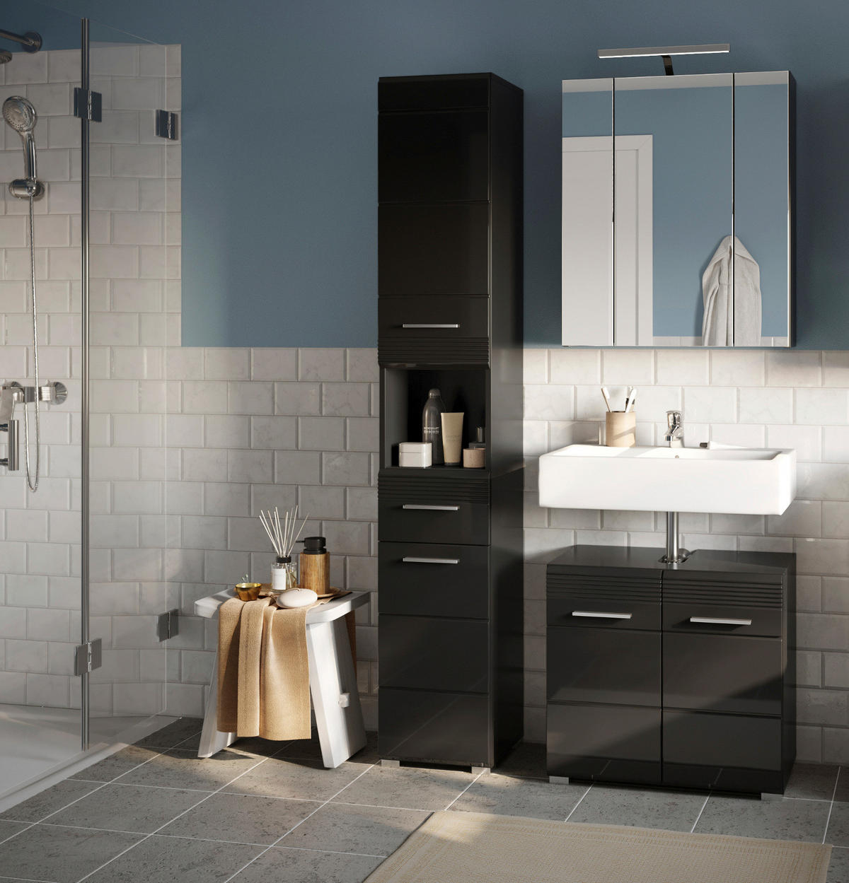 BADMÖBEL-SET in schwarz Hochglanz, 3-teilig 105 cm, Badkombination - Schwarz, Glas/Holzwerkstoff (105/182/34cm) - Inn.Furn