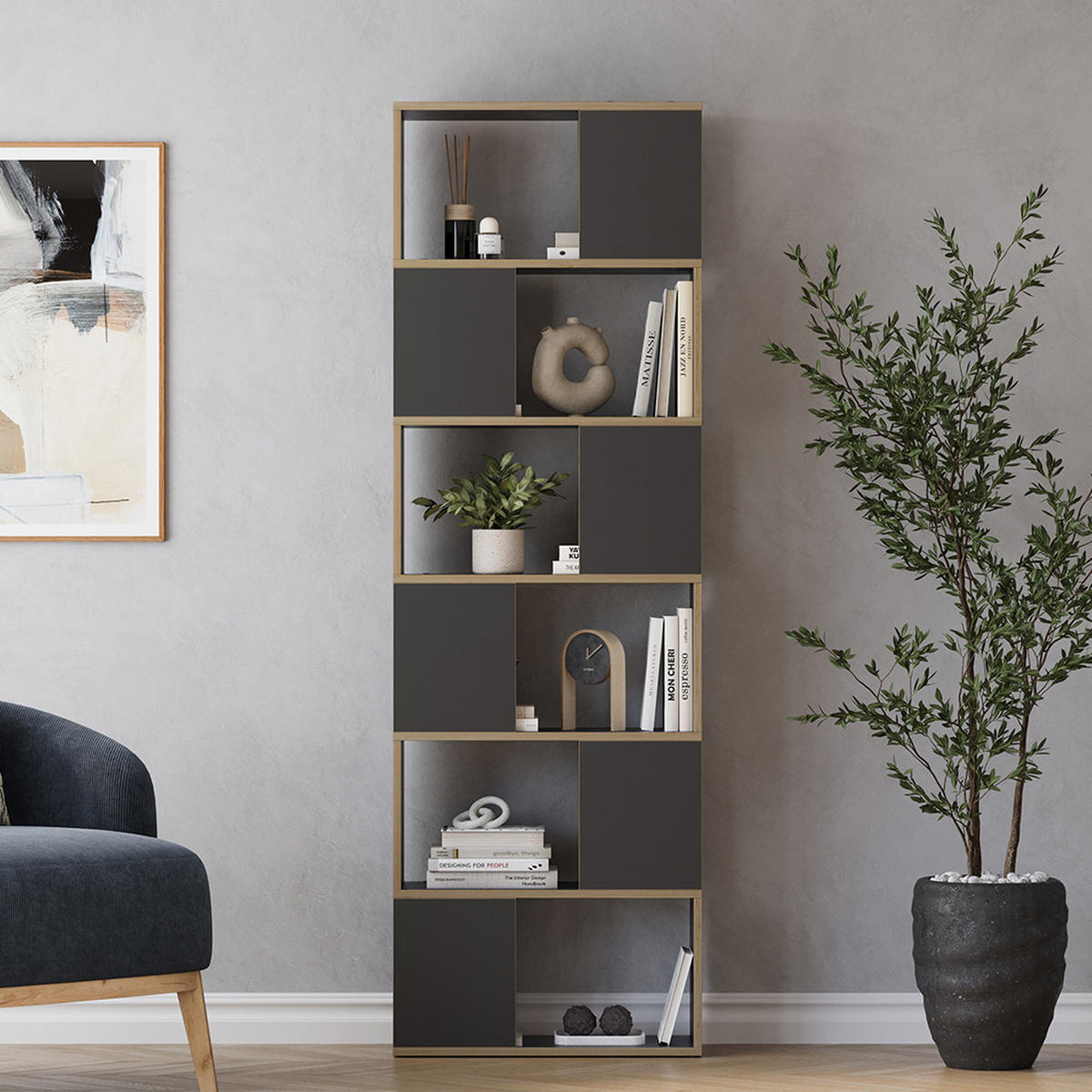 RAUMTEILER Eneos Anthrazit/Eiche 60 x 186 cm - Eichefarben/Anthrazit, Holzwerkstoff (60/186/24cm) - Vicco