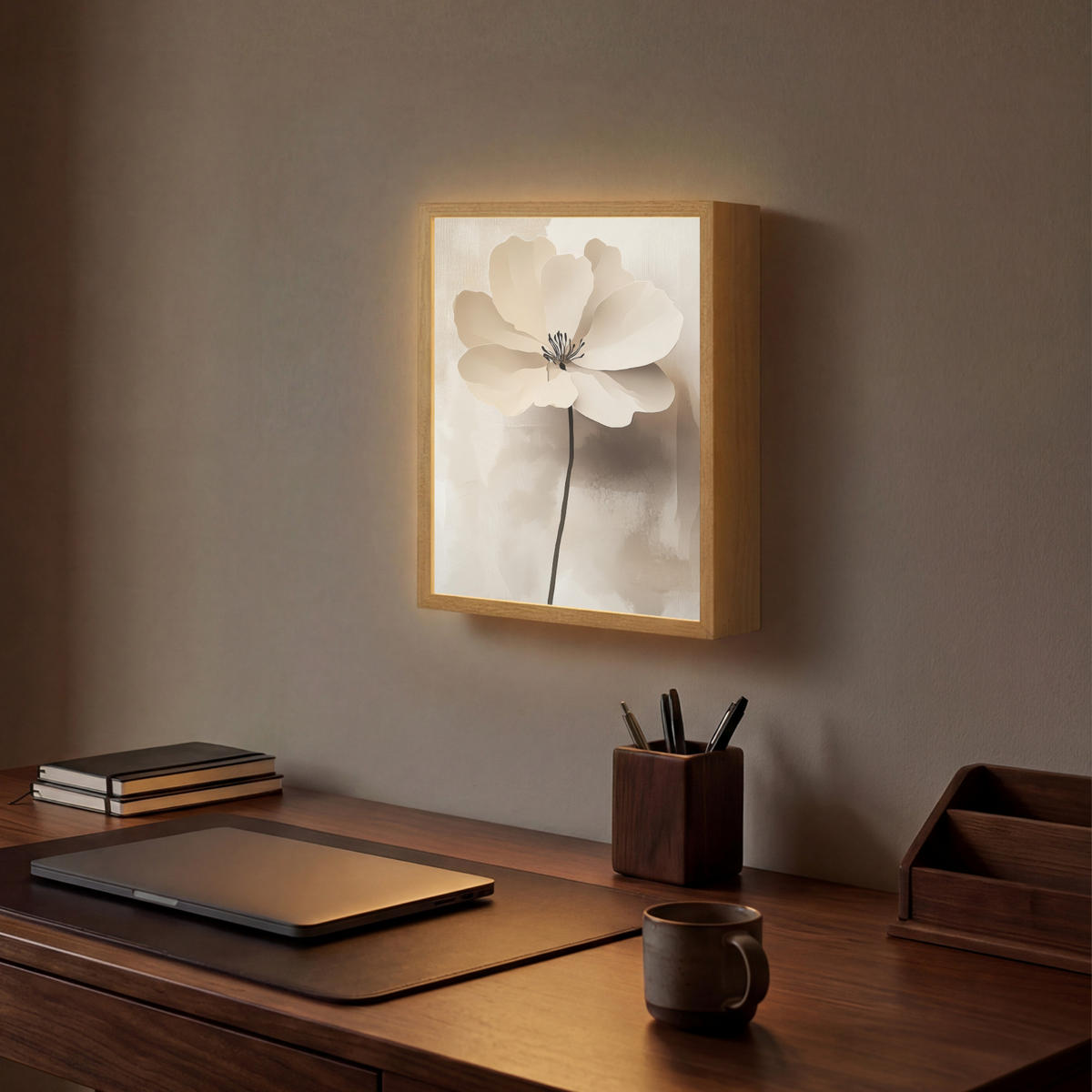 NÁSTĚNNÁ LAMPA S AKUMULÁTOREM Květina - béžová - barva - stín 30x40 cm - béžová, kompozitní dřevo (30/40/8cm) - OnlyWow
