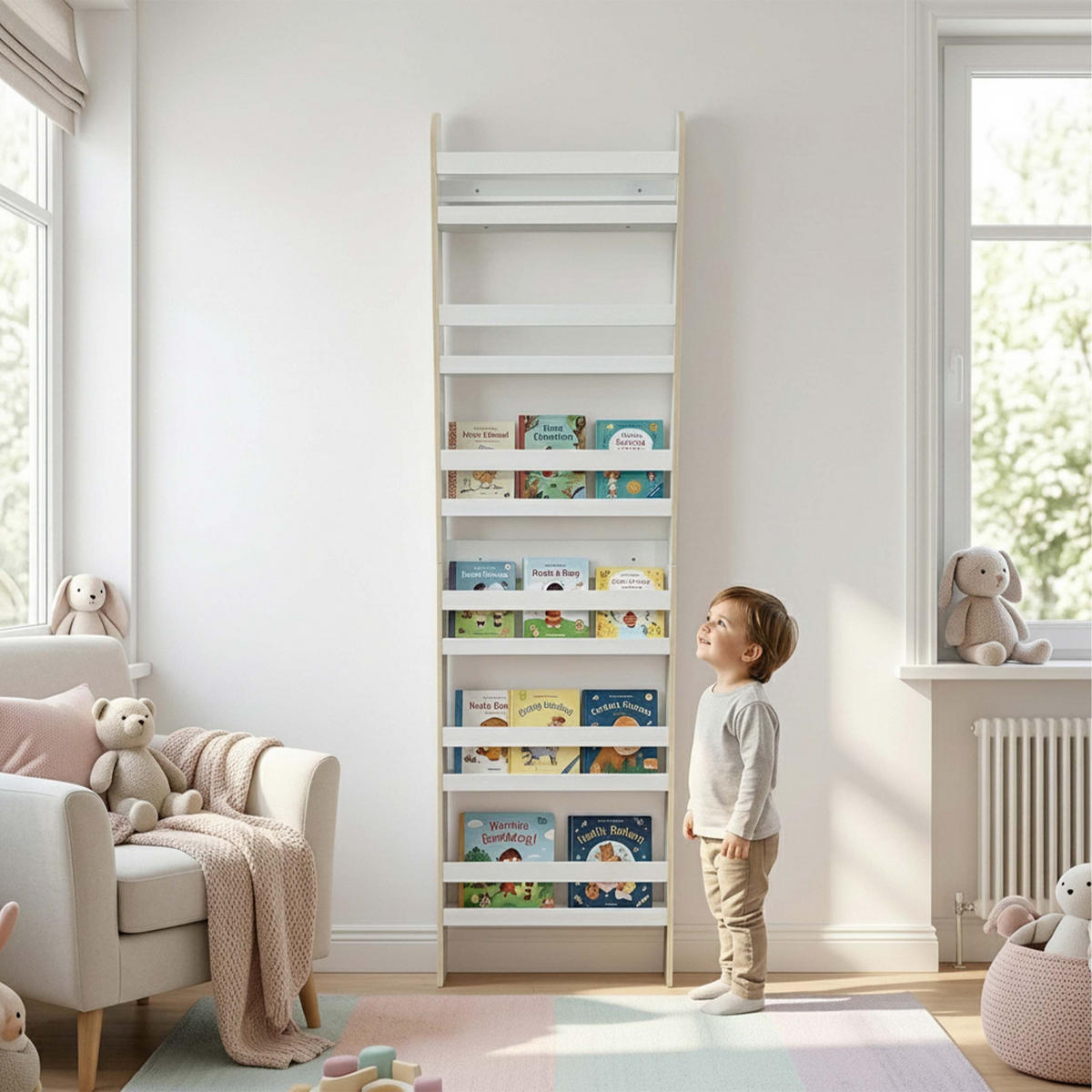 BIBLIOTECĂ Alb copii MDF 6 compartimente 200x55x10 cm - alb, compozit lemnos (55/200/10cm) - Relaxdays