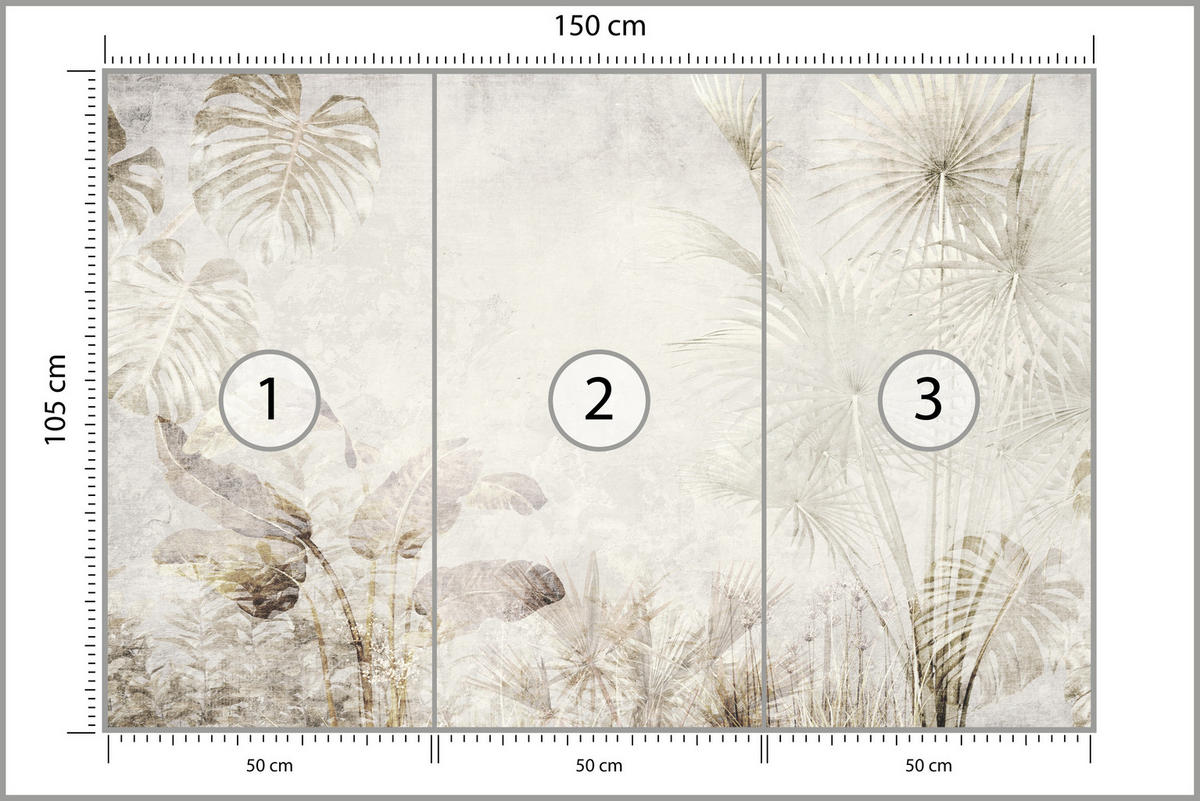 FOTOTAPETE für Wohnzimmer Tropisch Vintage Palmenblätter Beton 150x105 - Beige/Creme, Papier (150/105cm) - Muralo