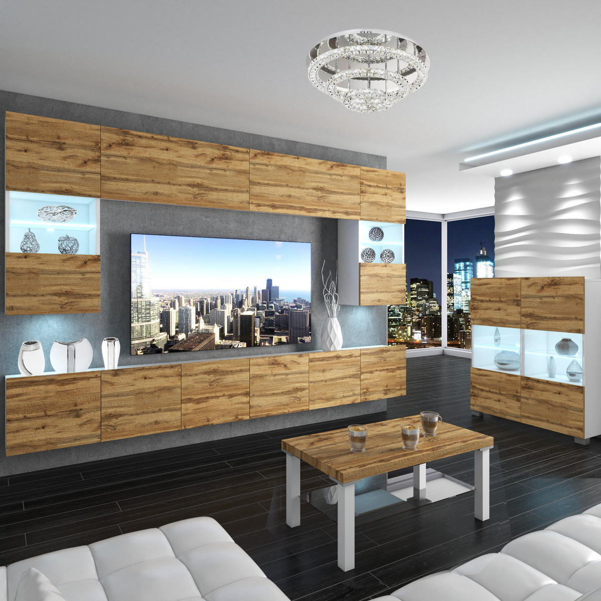 VITRINE Hochschrank mit LED-Leuchten, Wotan Eiche - Braun, Holz (100/115/36cm) - B BELINI GROUP