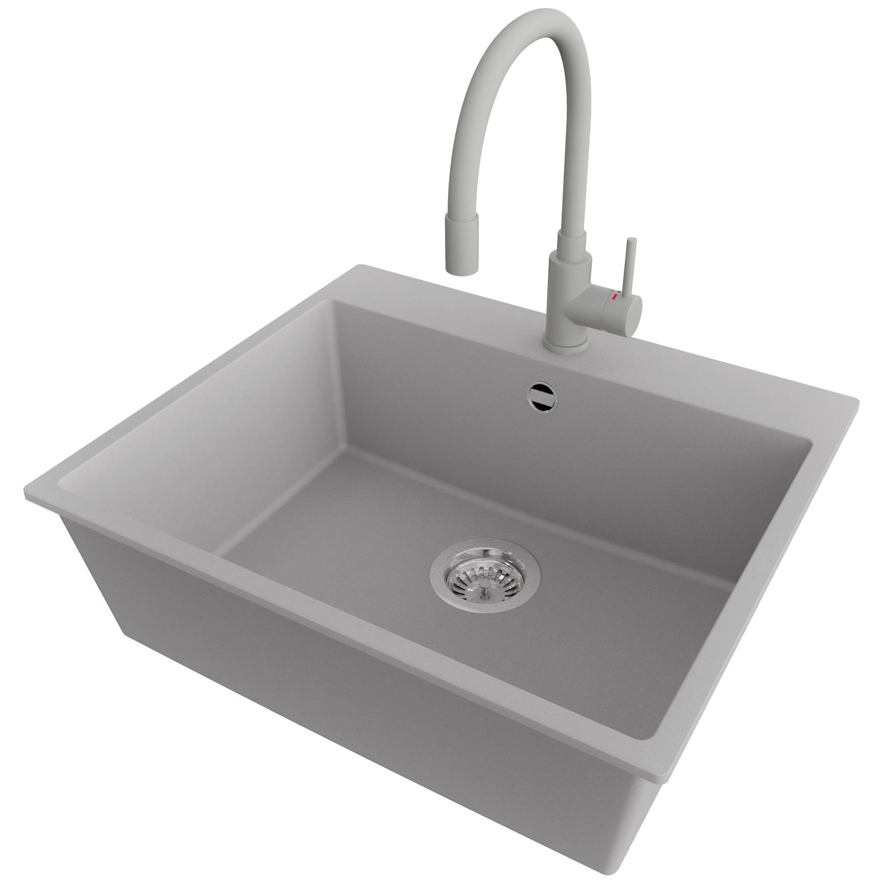 GRANITSPÜLE Riga, 2-er set Grau 58/50 cm 1 Becken + Küchenarmatur 38/14 cm + Ablauf-Set ab 60er Unterschrank - Chromfarben/Grau, Kunststoff (58/20/50cm) - Primagran