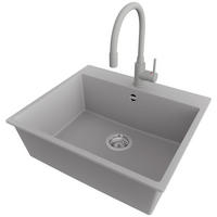 GRANITSPÜLE Riga, 2-er set Grau 58/50 cm 1 Becken + Küchenarmatur 38/14 cm + Ablauf-Set ab 60er Unterschrank - Chromfarben/Grau, Kunststoff (58/20/50cm) - Primagran