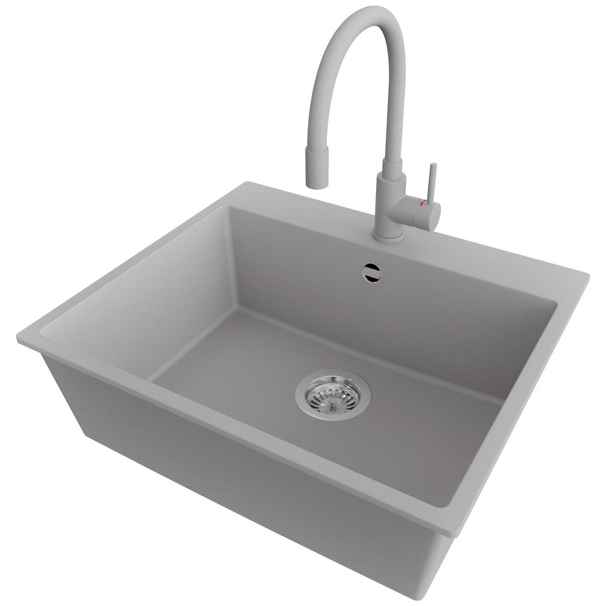 GRANITSPÜLE Riga, 2-er set Grau 58/50 cm 1 Becken + Küchenarmatur 38/14 cm + Ablauf-Set ab 60er Unterschrank - Chromfarben/Grau, Kunststoff (58/20/50cm) - Primagran