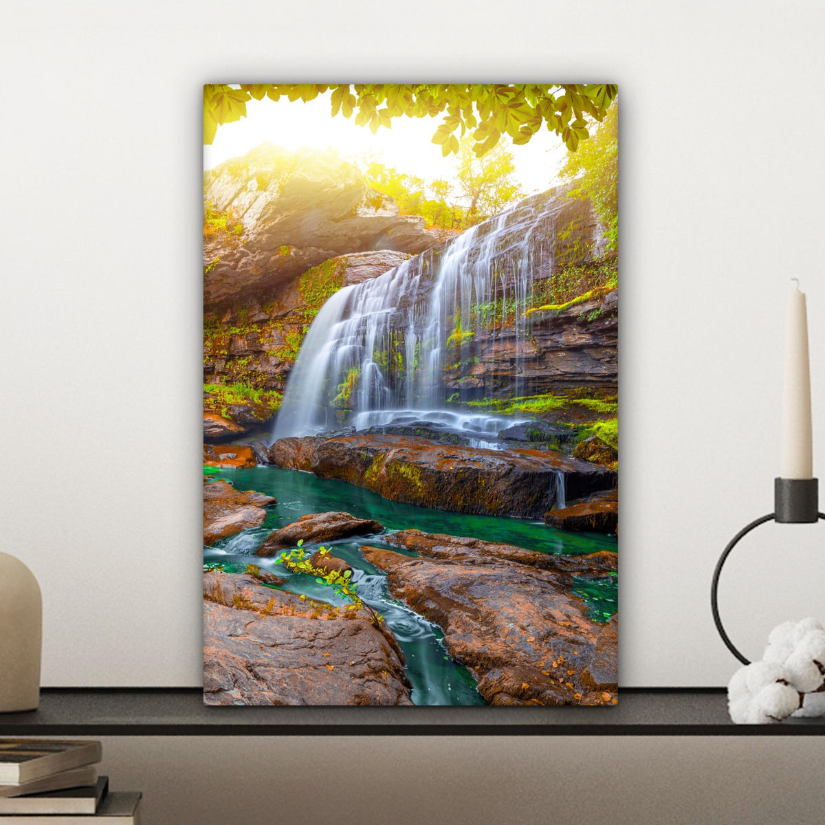 LEINWANDBILD Natur - Wasserfall - Pflanzen - Bäume - Sonne Deko Wohnzimmer 20x30 cm - Olivgrün, Textil (20/30cm) - MuchoWow