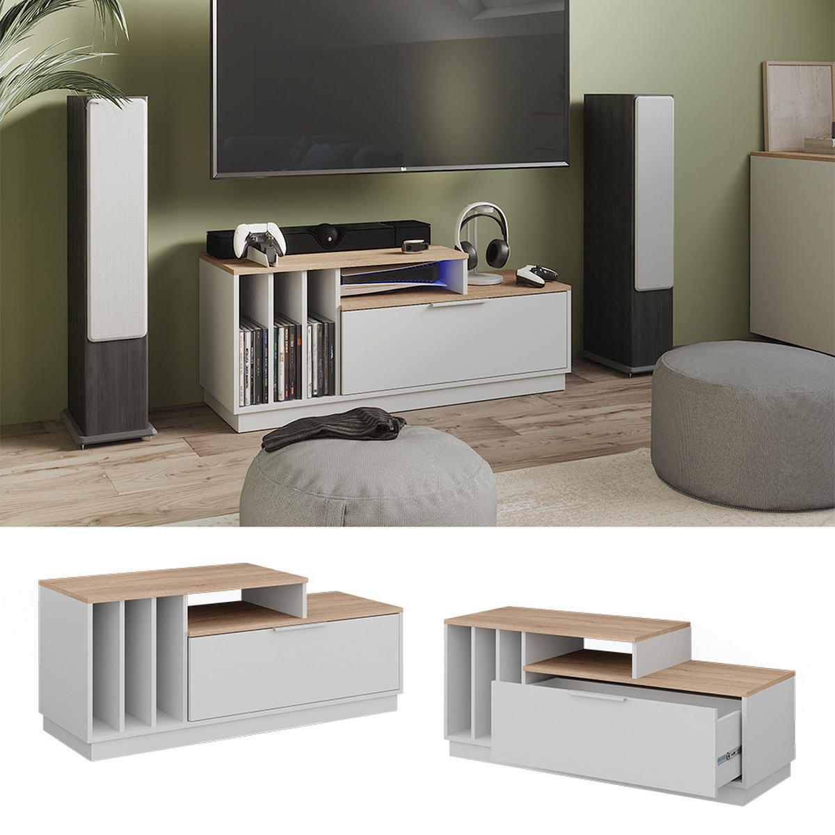 LOWBOARD Betti Weiß/Sonoma 120 x 49.9 cm mit 1 Tür - Weiß/Sonoma Eiche, Holzwerkstoff (120/49.9/40cm) - Vicco