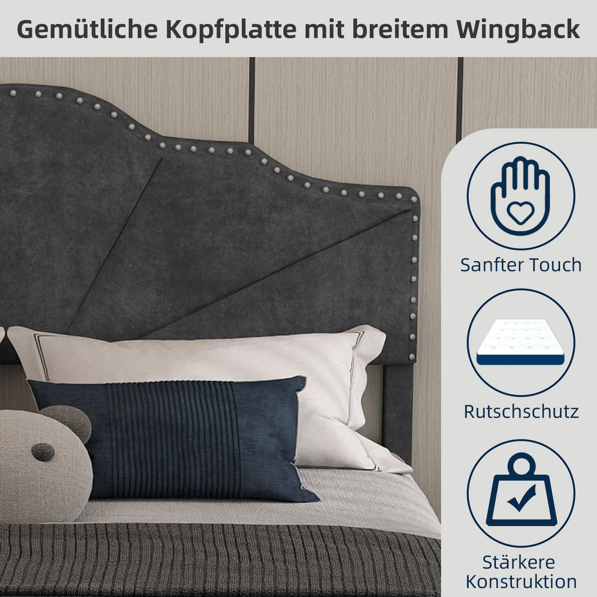 POLSTERBETT 140x200 cm Samt ohne Stauraum grau - Grau, Textil (140/200cm) - LEBENLANG