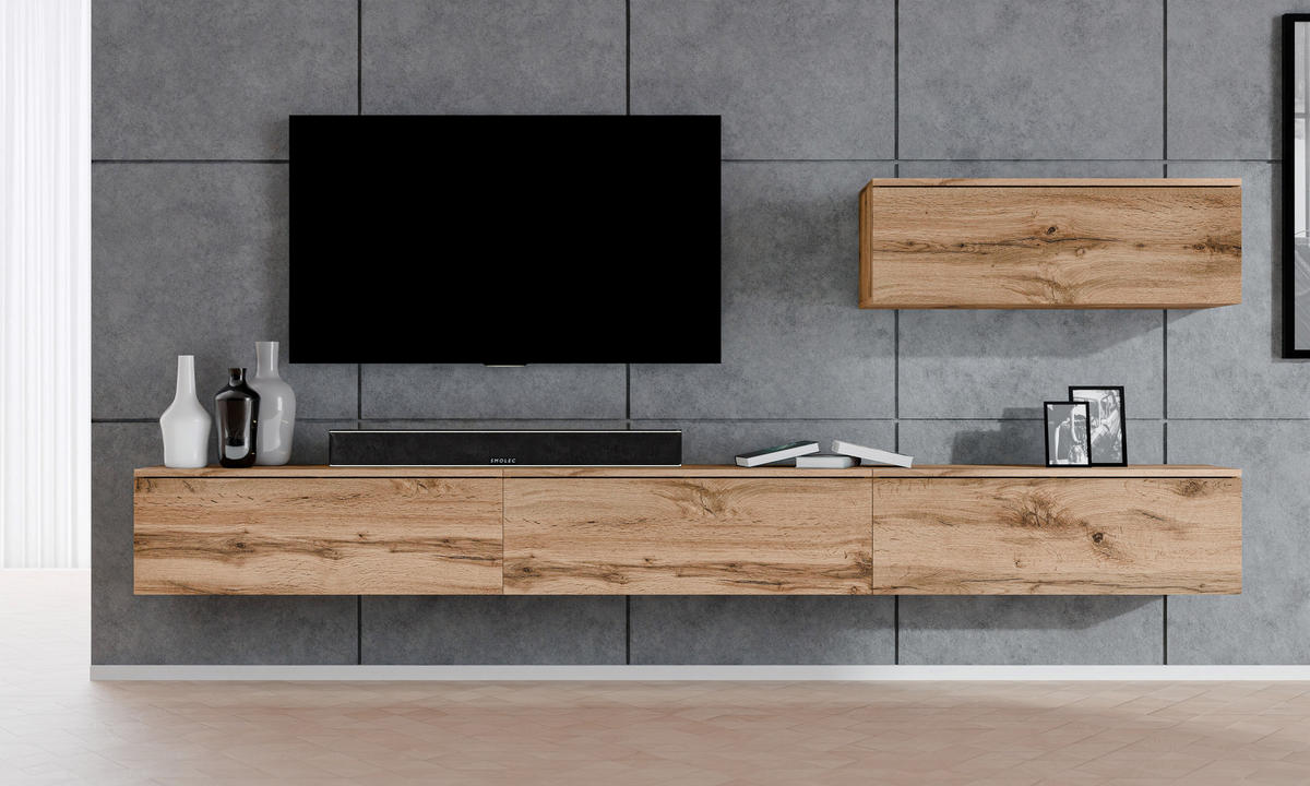 WOHNWAND Loriano IV Eiche, Wotan 300/68/32 cm Anbauwand - Braun, Holzwerkstoff/Kunststoff (300/68/32cm) - AX Living