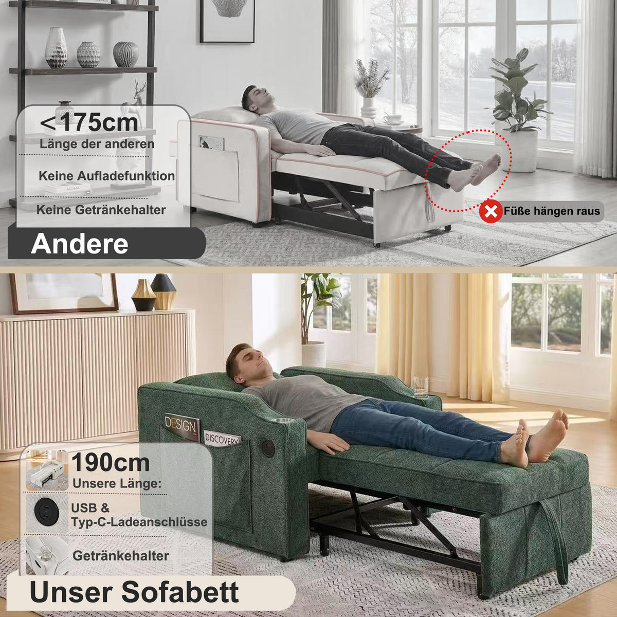 RELAXSESSEL 190/85/86 cm Grün mit USB-/Typ-C-Anschluss und Seitentasche - Grün, Textil (190/86/85cm) - Oxeza