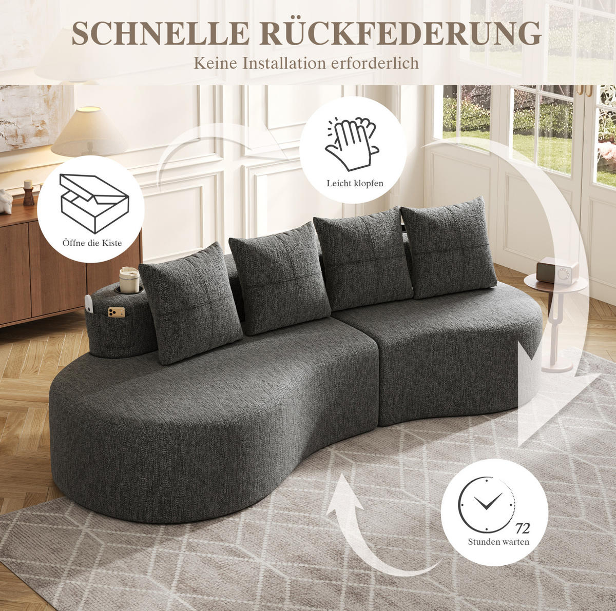 SOFA 240/109/60 cm in Dunkelgrau mit Becherhaltern und Seitentaschen - Dunkelgrau, Textil (109/63/240cm) - Flora Grace