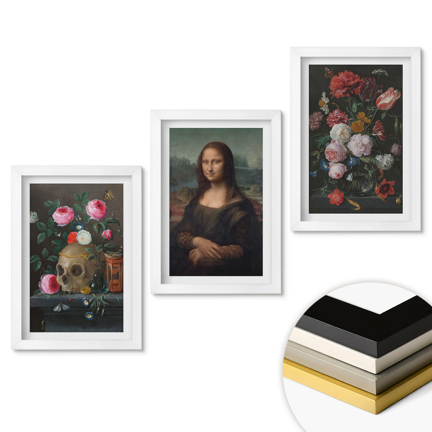 WANDBILDER 3er-Set - 20x30 cm Weißer Rahmen - Blumenschädel-Porträt Mona Lisa - Weiß, Kunststoff (20/30cm) - ArtPrintCave