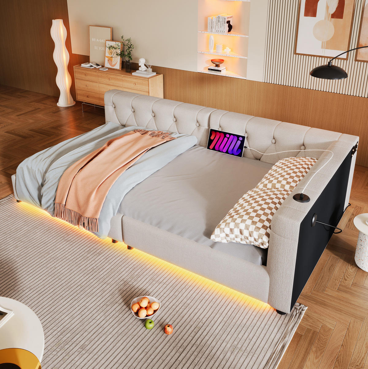 POLSTERBETT mit LED-Beleuchtung 90/200 cm in Beige mit USB und gepolstertem Kopfteil - Beige, Textil (90/200cm) - BEAOK