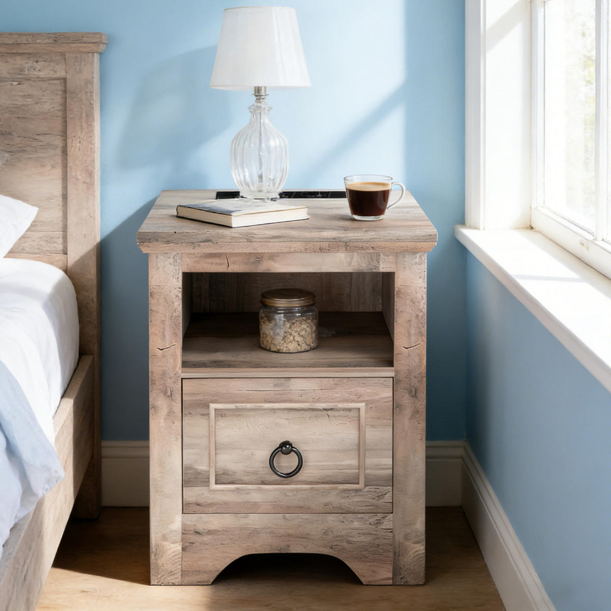 LED-NACHTTISCH 2er-Set im Landhausstil – mit Ladefunktion, dimmbarer LED-Beleuchtung, 1 Schublade, USB & Type-C - Wildeiche, Holzwerkstoff (40/50/40cm) - Ej. Life