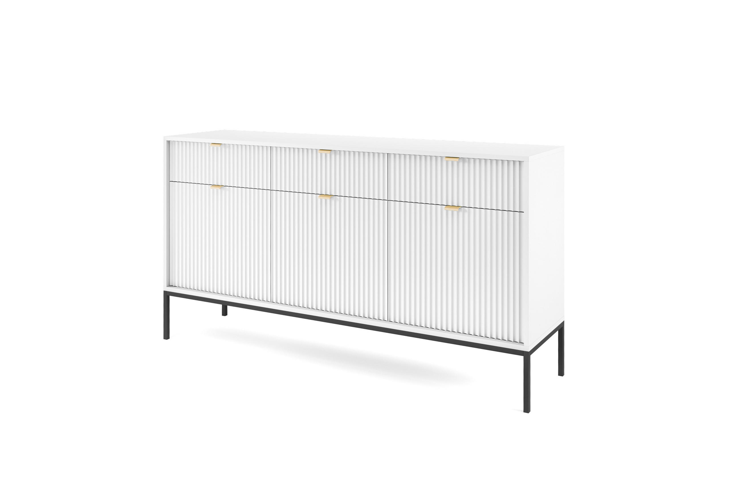 KOMMODE NOVA - KSZ154, Geriffelte Fronten, goldene Griffe 154x39x83 cm Weiß - Schwarz/Weiß, Holzwerkstoff/Kunststoff (154/83/39cm) - DomoHome