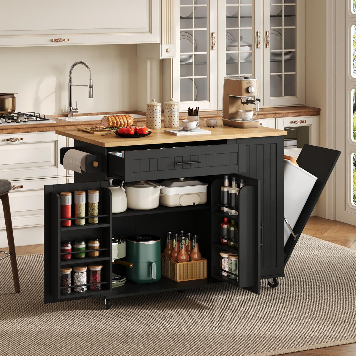 KÜCHENINSEL 130 cm MDF Schwarz mit Klappbarer Arbeitsplatte und Müllfach - Schwarz, Holzwerkstoff (70/93/130cm) - Korfee