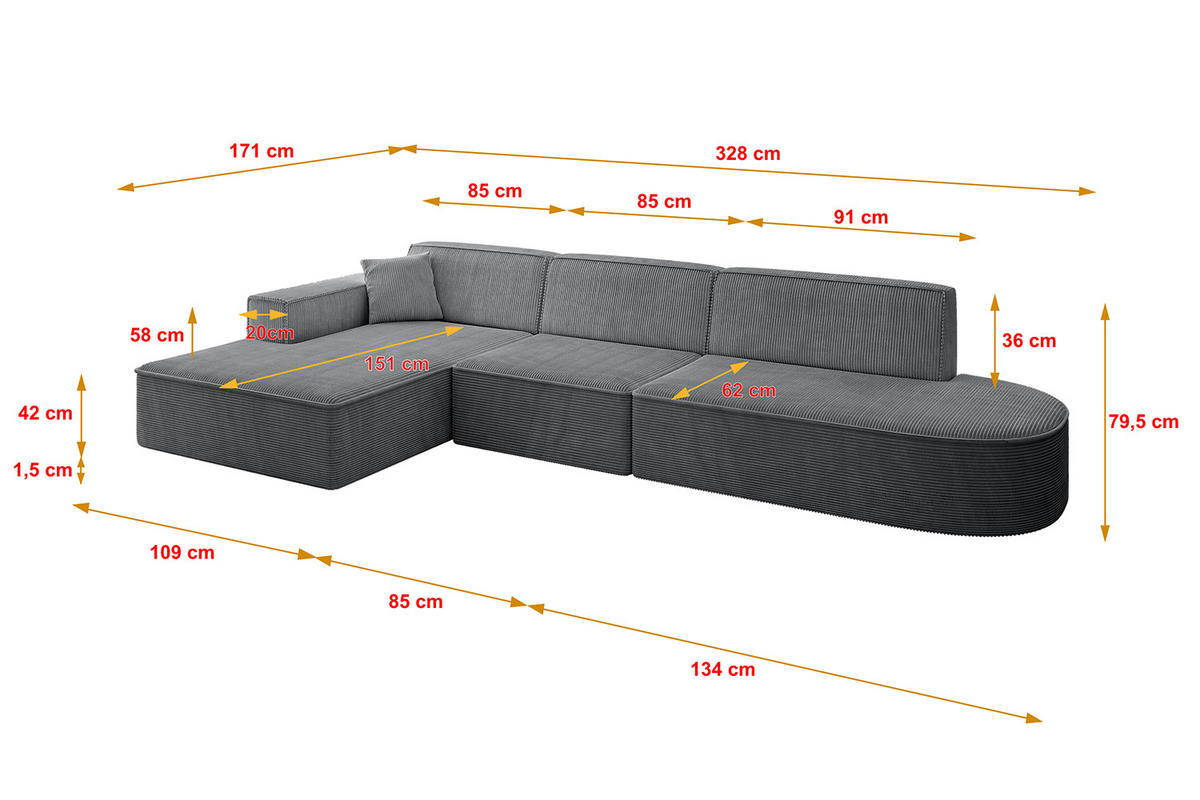 ECKSOFA Ottomane Links IREA-L2-v4 - 328x171x79 cm Duneklgrau - Dunkelgrau, Holzwerkstoff/Textil (328/171cm) - ALTDECOR