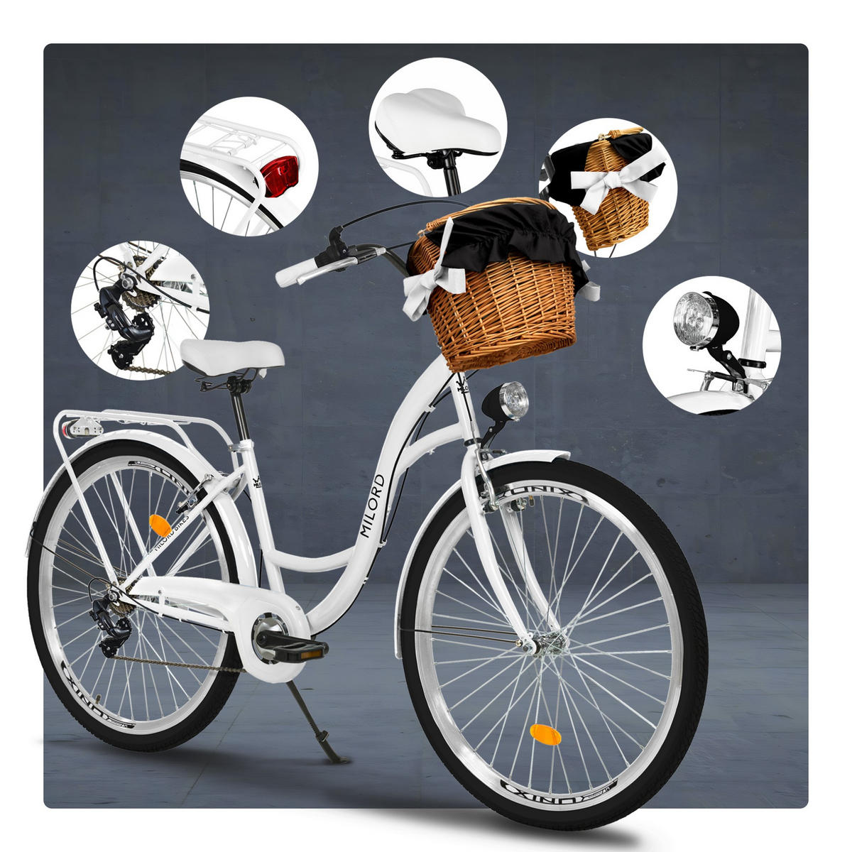 CITY-FAHRRAD Milord mit Weidenkorb, 28 Zoll, Weiß, 7-Gang - Weiß, Metall (46cm) - Milordbikes