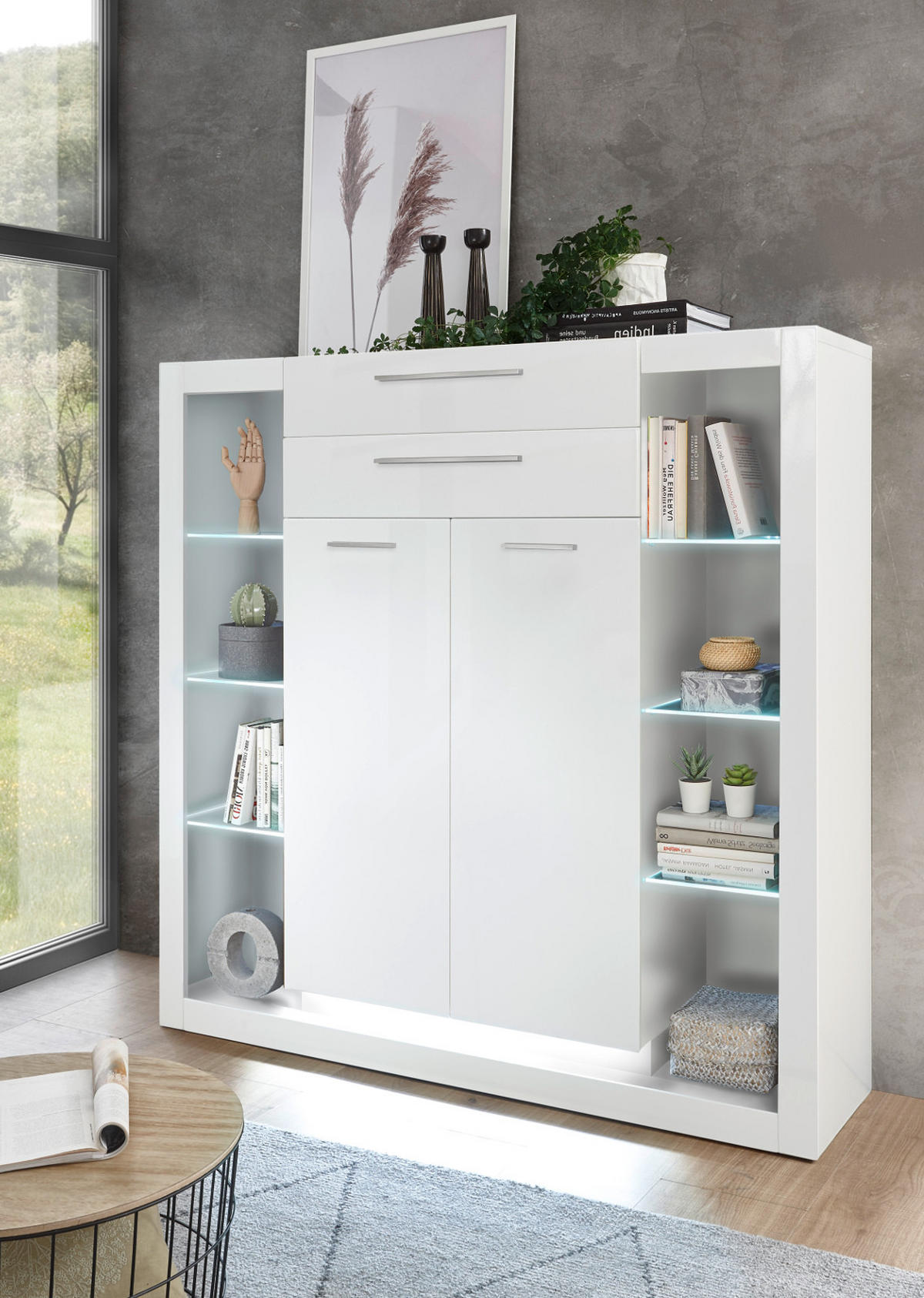 HIGHBOARD weiß Hochglanz 141 cm, Vitrine mit 11 Fächern - Weiß Hochglanz/Silberfarben, Glas/Holzwerkstoff (141/139/37cm) - Furn.Design