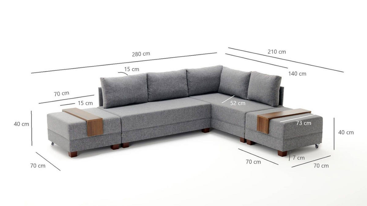 ECKSOFA mit rollbarer Schlaffunktion - Walnussfarben/Grau, Holz/Textil (210/280cm) - myHomelando