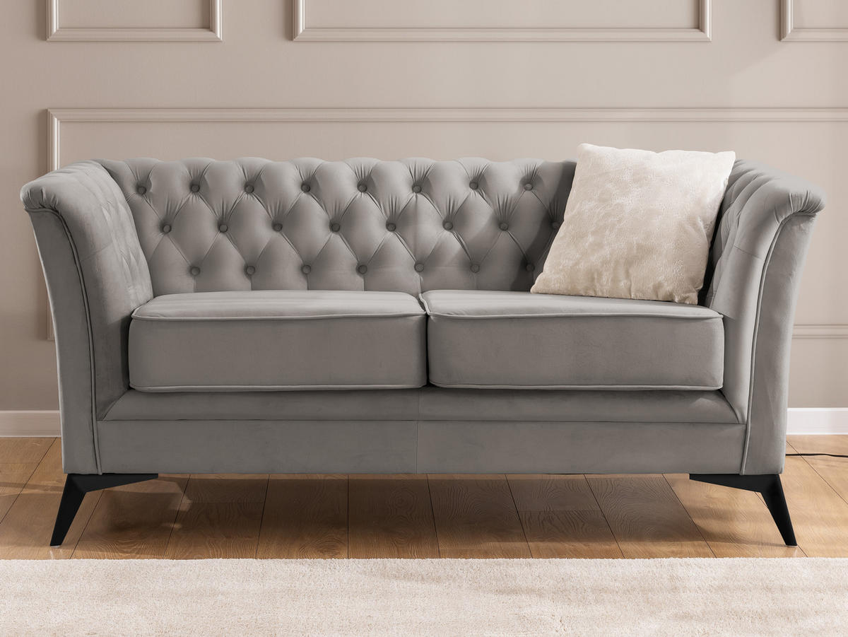SITZGARNITUR 2+1 Chesterfield Whitby Grau Samt mit schwarzen Füßen - Schwarz/Grau, Holz/Textil (175/78/82cm) - S-Style Möbel