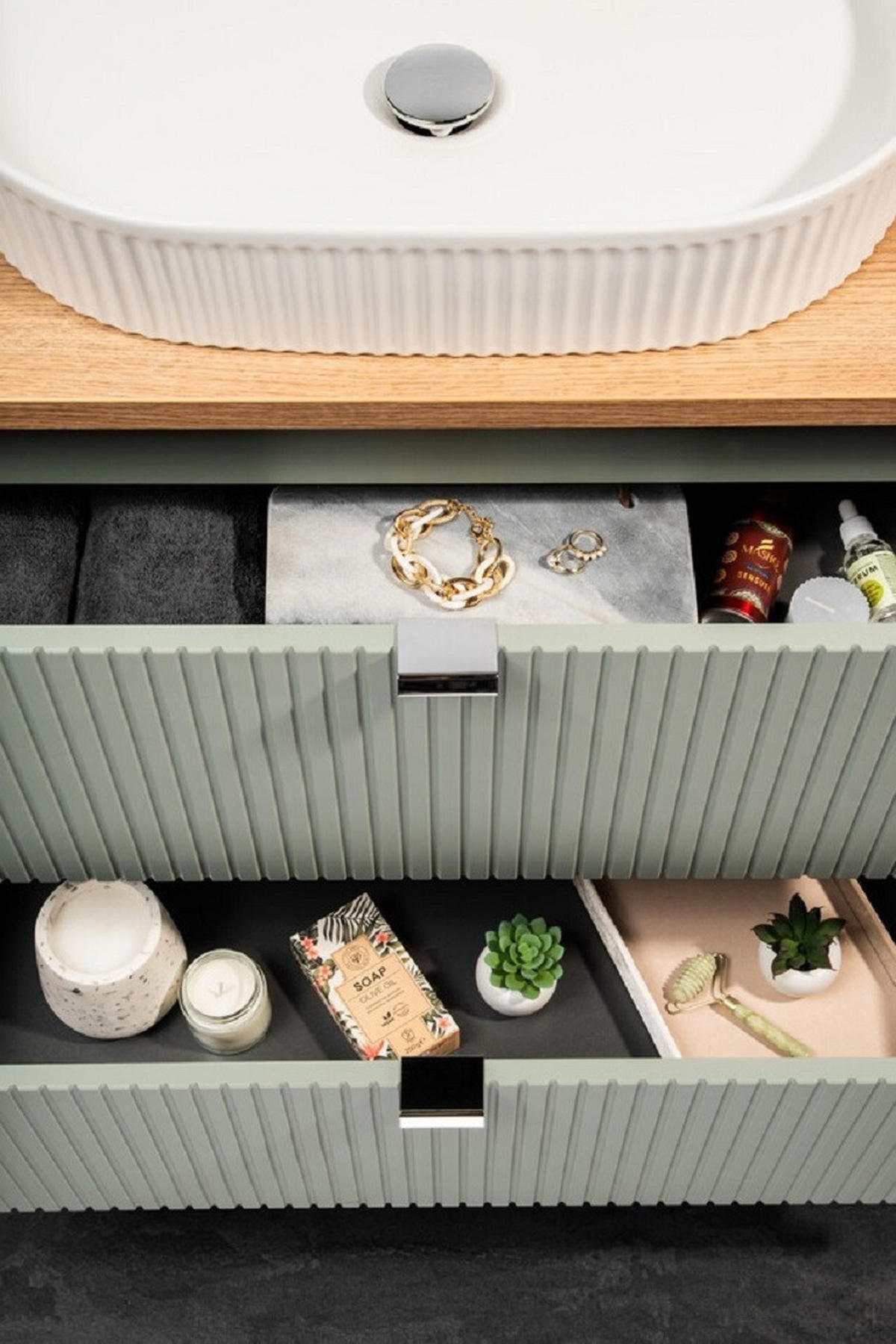 WASCHTISCHKOMBI 60 cm 2 Teile - Line Reed Green L BM88 in Schilfgrün/ Evoke Eiche - Grün, Holz (60/57/40cm)