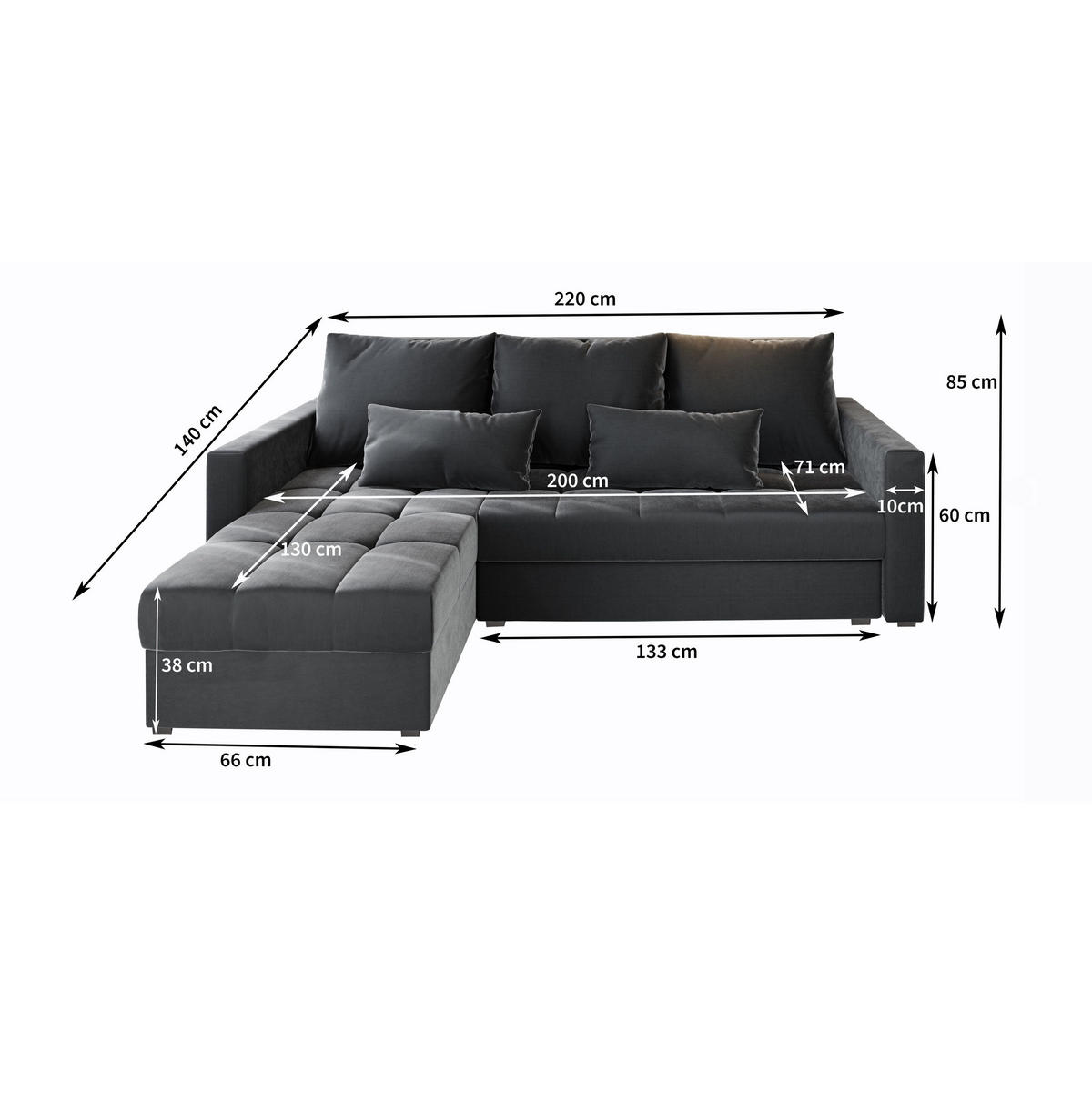 ECKSOFA KOS PIK Schwarz Plüsch-Stoff mit Schlaffunktion - Hellgrau/Schwarz, Holz (220/140cm) - MASSENO