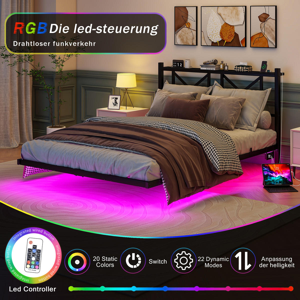 METALLBETT 140x200 cm LED USB Kopfteil - Schwarz, Metall (140/200cm) - LEBENLANG