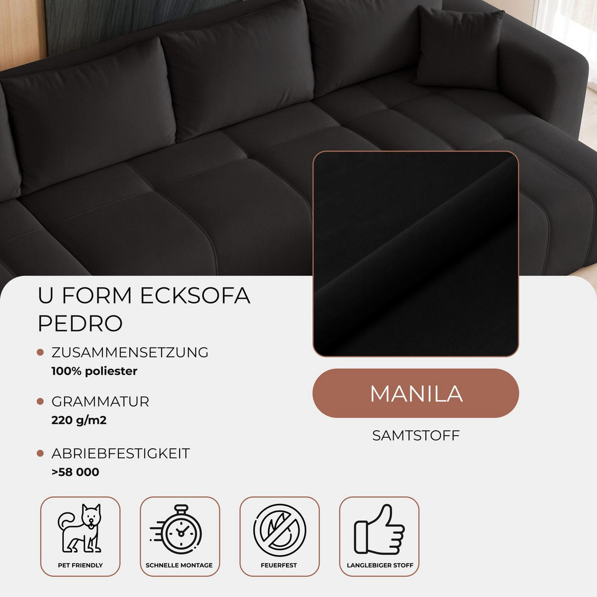 WOHNLANDSCHAFT U-Form Velours mit Bettkasten und Schlaffunktion - Schwarz, Holzwerkstoff/Textil (318/79/145cm) - Idohome