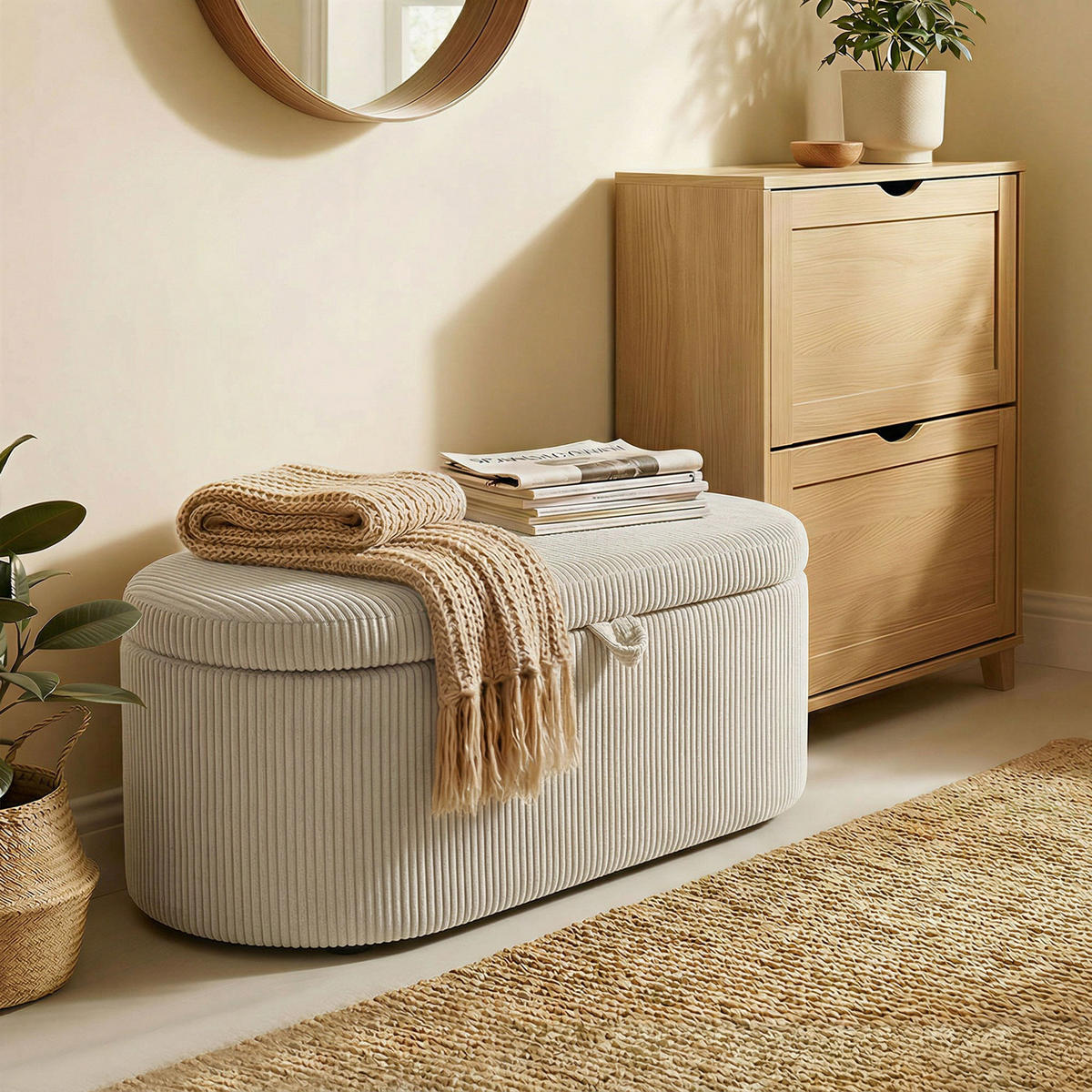 TRUHENBANK DE-07219 mit Cord-Polsterung und Stauraum Beige - Beige, Holz/Textil (51/49/105cm) - ComfortXL
