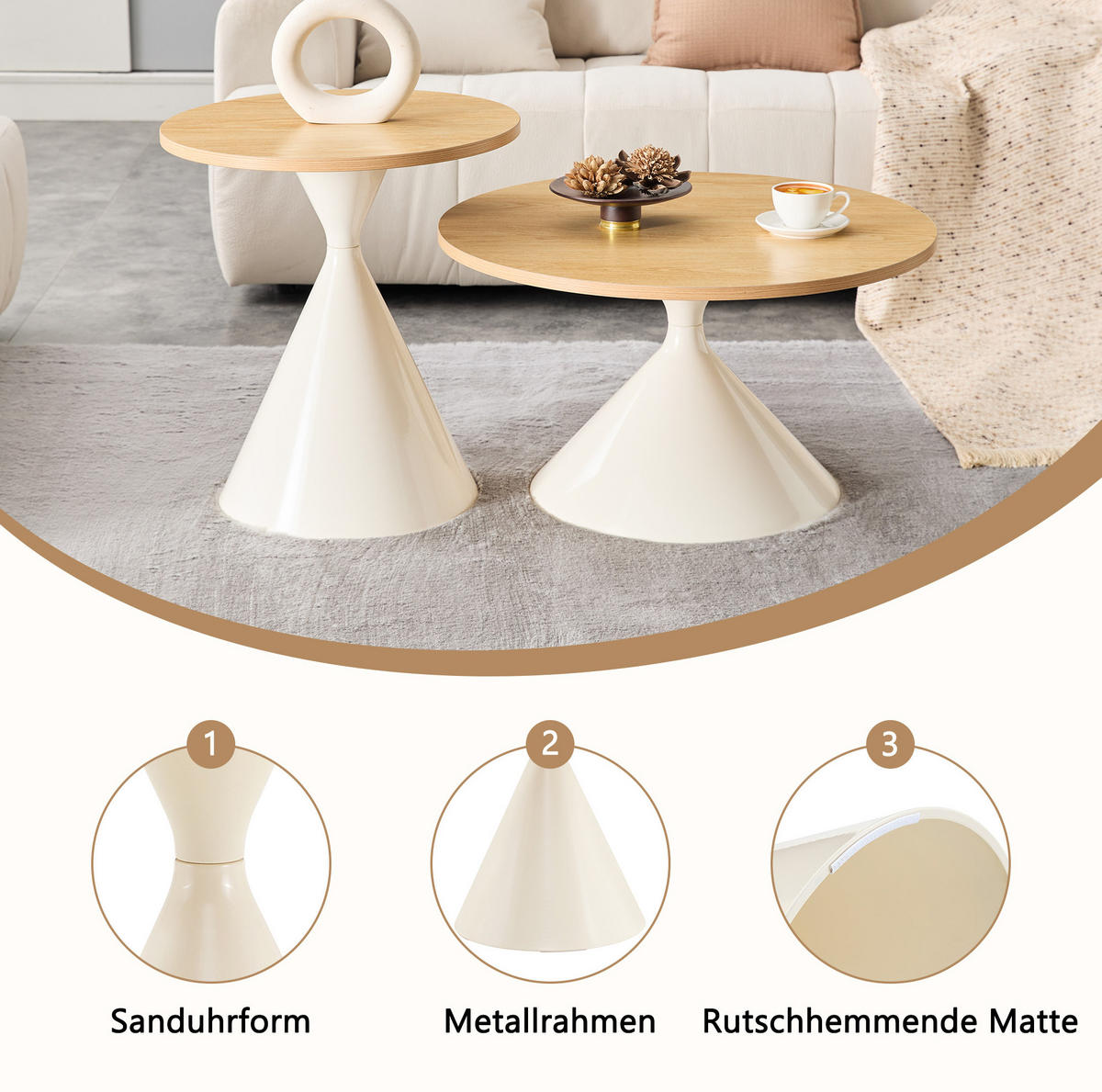 COUCHTISCH-SET 70/70/40 cm Holzoptik/Creme aus Metall stapelbar - Eichefarben, Metall (70/70/40cm) - OKWISH