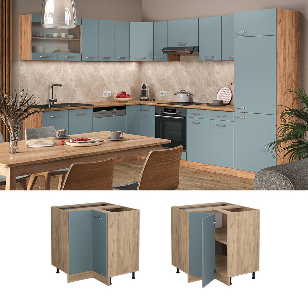 ECKUNTERSCHRANK R-Line Blau-Grau 75.6 cm AP Marmor - Eiche Wotan/Blaugrau, Holzwerkstoff (75.6/81.6/60cm) - Vicco