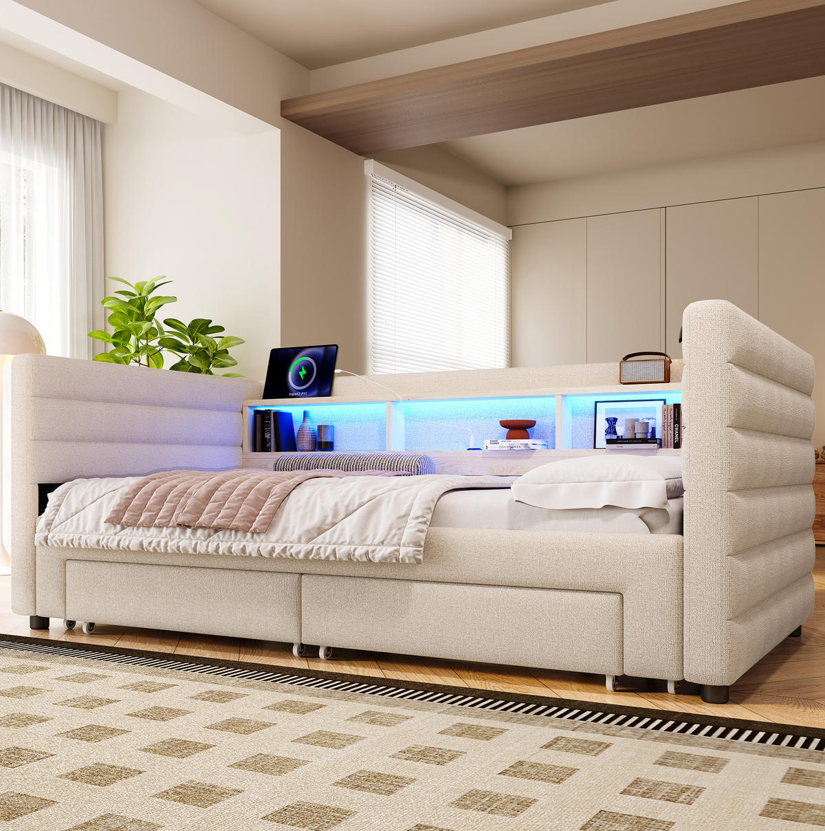 POLSTERBETT 90/190 cm in Beige mit LED-Beleuchtung und Stauraum - Beige, Textil (90/190cm) - Flora Grace