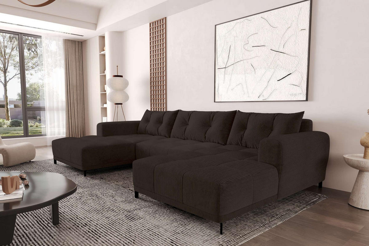 WOHNLANDSCHAFT Massimo Cordstoff Braun inkl. Schlaffunktion - Schwarz/Braun, Textil/Metall (356/94/181cm) - 99rooms